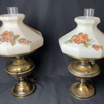 Pair of Brass Oil Lamps with Milk Glass