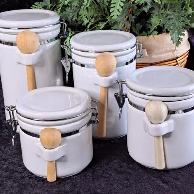 White Ceramic 4 Pc Cannister Set With Spoons