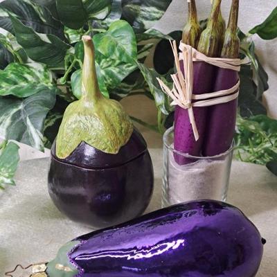 Eggplant Themed Decor: Small Lidded Jar, Glass Eggplant Ornament, & Eggplant Candles