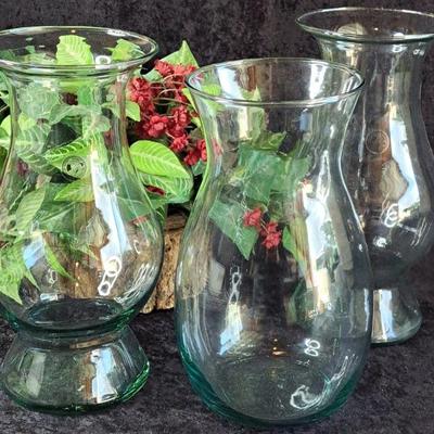 Trio Of Hand Blown Vases From Mexico In Green Tinted Glass