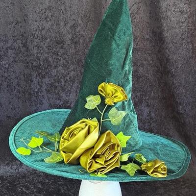 Fabulous Flower Embellished Green Velvet Witch's Hat NWOT