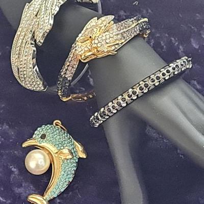 3 Vintage Glam Rhinestone Bracelets And Dolphin Pendant