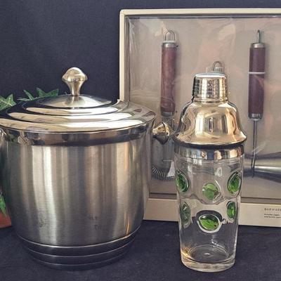 Lenox Ice Bucket, Hand Blown Glass Olive Design Cocktail Shaker & NIB Vintage Style Bar Tolls