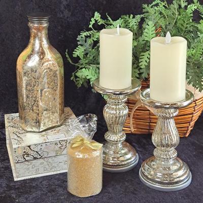 Mercury Glass Style Bottle And Lighted Candle Holders With Battery Candles, Gold Candle And Metallic Box
