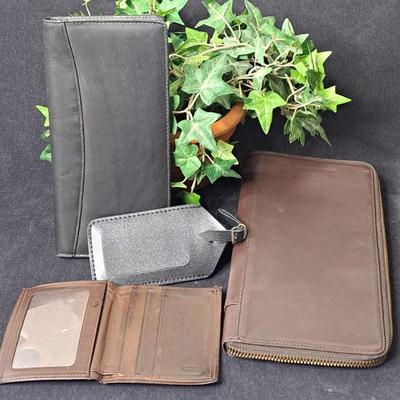 3 Vintage Leather Wallets/ Travel Folios And Faux Leather Luggage Tag Including Coach Wallet & Eddir Bauer