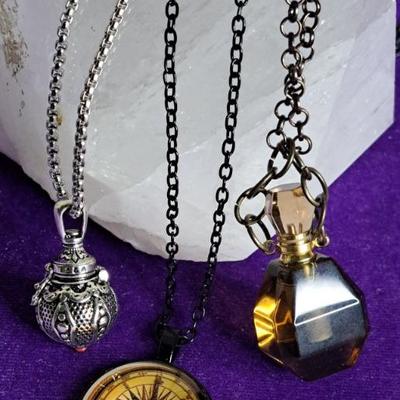 Trio Of Necklaces: Smokey Quartz Perfume Bottle, Silver Tone Perfume Diffuser & Steampunk Style Compass 