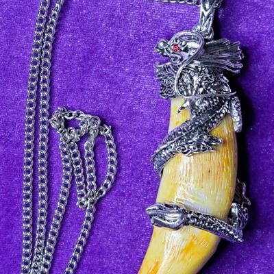Huge, Amazing Asian Inspired Dragon Wrapped Arounf Faux Tusk On 24 Inch Silver Tone Chain