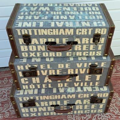 Stacking And Nesting Retro Style Suitcases Paris And London Landmarks ( As Is )