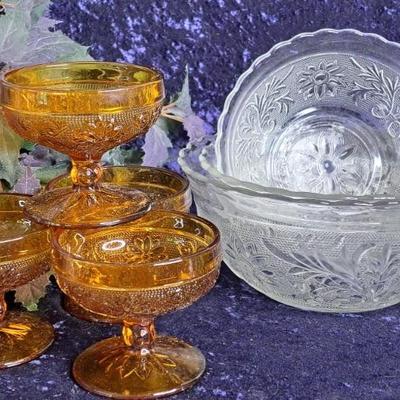 Vintage MCM Indiana Glass: 4 Tiara Amber Sherbet Cups And 3 Tiara Clear Nesting Bowls