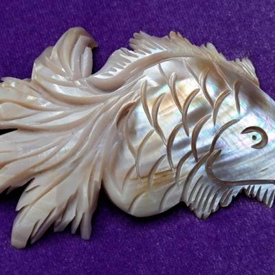 Vintage Hand Carved Mother Of Pearl Koi Pin/ Brooch