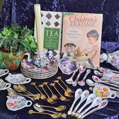 Assortment Of Tea Accessories Including Books, Spoons, Forks & More