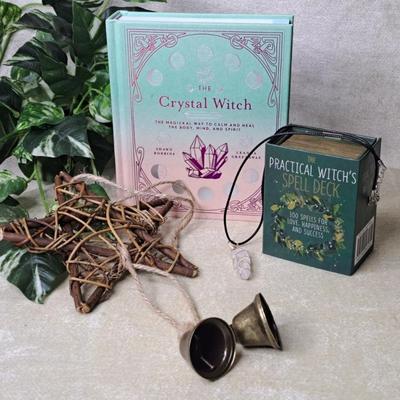 The Crystal Witch, The Practical Witch's Spell Deck, Crystal Pendant On Cord & Witch Bells Wind Chime