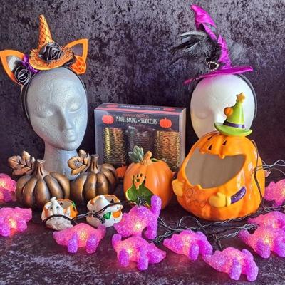 Halloween Decor Including 2 Fascinator Hats, Purple Cat String Lights And More