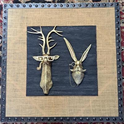 Whimsical Steampunk Gold Painted Deer And Rabbit Heads Mounted On Wood And Burlap With Studded Metal Frame