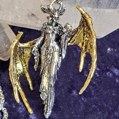 Unisex, Goth, Steampunk Winged Sorceress Silver And Gold Tone Pendant With Chain 