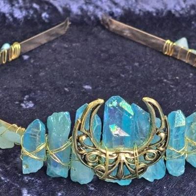 Wire Wrapped Natural Crystal Aqua Aura Tiara With Goddess Moon Symbol