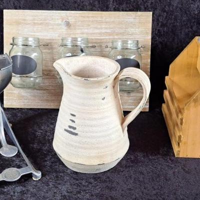 4 Rustic Decor Items: Decorative Pitcher, 3 Jar Wal Hanging, Vintahe Juicer And Wood Condiment Holder