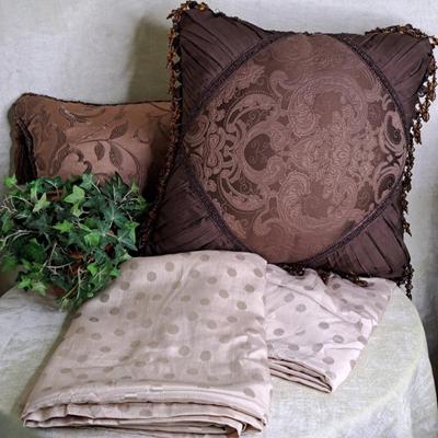 Waverly Taupe Polkadot Panels And Scarf Valance Plus Two Brown Tone Throw Pillows
