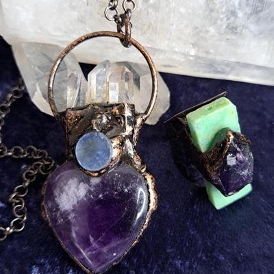 Amethyst And Jade Ring & Amethyst And Crystal Pendant In Copper Tone Metal 