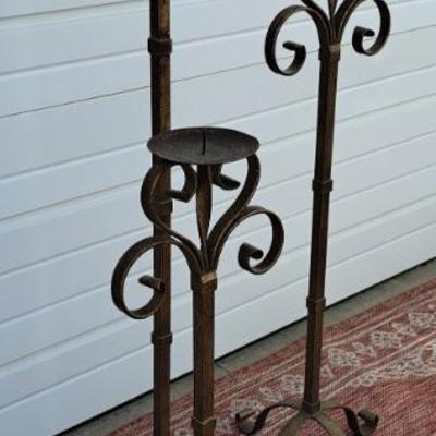 Trio Of Wrought Iron Antique Bronze Painted Scrolled Candlesticks