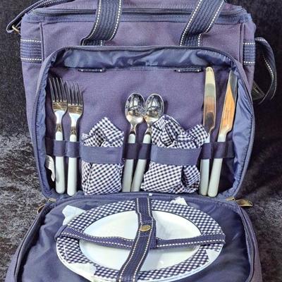 Picnic At Ascot Navy Blue Insulated Tote With Plates, Napkins And Flatware