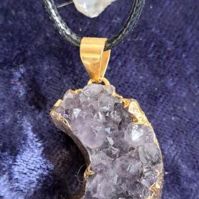 Raw Amethyst Moon Shaped Crystal Pendant On Faux Leather Cord