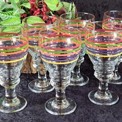 Set Of 6 Libby Rainbow Stripe Fiesta Stemmed Glasses