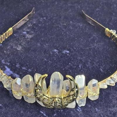 New! Quartz Crystal Wire Wrapped Tiara With Goddess Moon Symbol