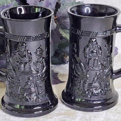 Pair Of Tiara By Fostoria Vintage Black Glossy Embossed Beer Steins