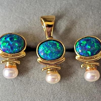 Sonoma Art Works Gold Over Sterling Opal And Pearl Pendant And Earring Set