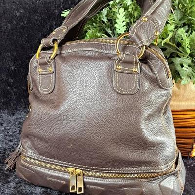 Taupe/ Brown Leather Bucket Bag With Hidden Compartment By Kate Landry