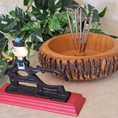 Pair Of Vintage Pieces: Nut Bowl With Picks And Cast Iron Nutcracker