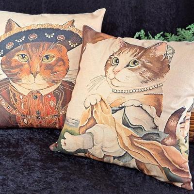 NWOT Pair Of Steampunk Style Linen Blend Cat Pillows With Feather Inserts