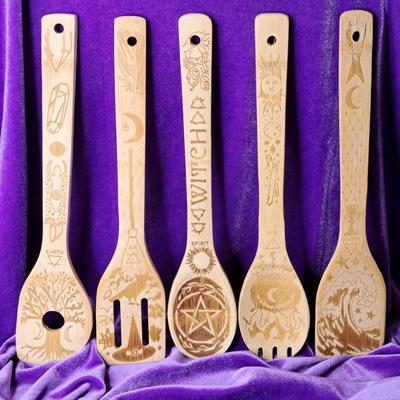 NWOT Witchy Wooden Spoon Set With Designs Representing Earth, Air, Fire, Water & Spirit