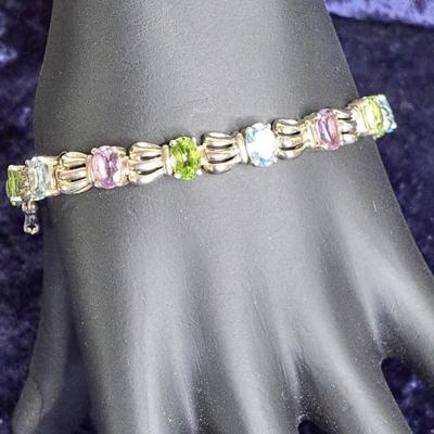 Beautiful Mutil Gem Stone Sterling Bracelet With Peridot, Amethyst, And Blue Topaz