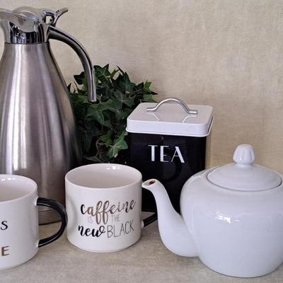 Coffee And Tea: Stainless Carafe, 2 Mugs, Teapot & Metal Tea Cannister