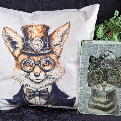 NWOT Steampunk Fox Pillow And Cat Metal Sign