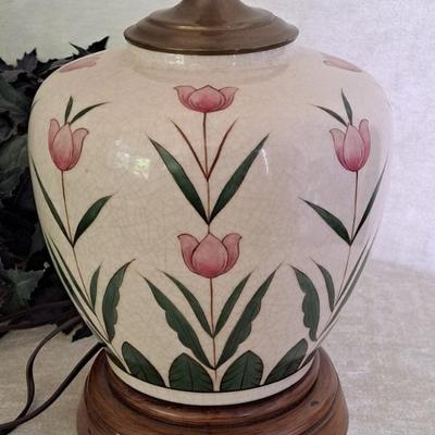 Vintage Hand Painted Ceramic Lamp With Pink Tulips And Crackle Finish