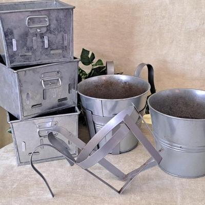 Galvanized Metal Hanging Pots And Tapered Bins