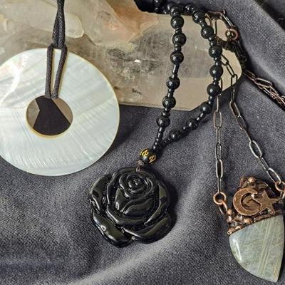 Obsidian Rose Necklace, MOP Pendant On Cord &  Copper Tone Moon, Star And Natural Stone Necklace  