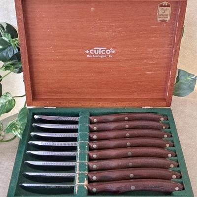 Vintage Boxed Set Of 8 Cutco Knives In Original Mahogany Box Green Felt Lining