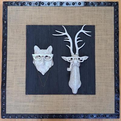 Whimsical Steampunk White Painted Deer And Rabbit Heads Mounted On Wood And Burlap With Studded Metal Frame