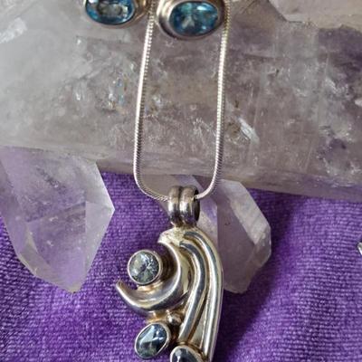 Stunning Sterling And Blue Topaz Pendant On 18 Inch Chain And Bezel Set Blue Topaz Earrings