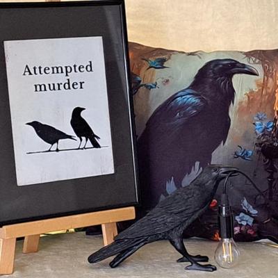 A Murder Of Crows: Pillow, Crow Lamp & Funny Picture 