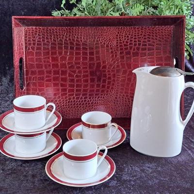 Bee House Japan Coffee Pot, 4 Crown Porcelain Cups And Saucers & Faux Croc Red Tray