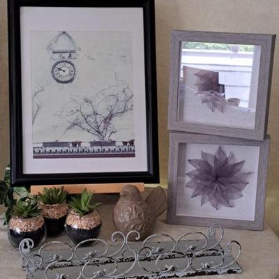 Rustic Decor Collection: Framed Art, Hanging Shelves, Faux Succulents & Ceramic Bird Candle Holder