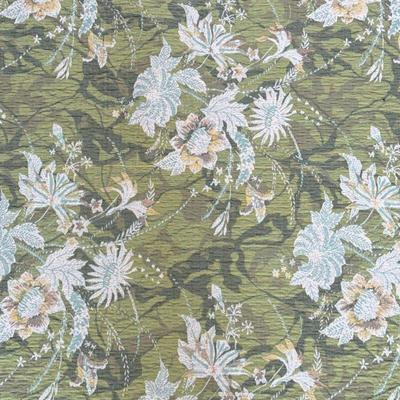GREEN FLORAL UPHOLSTERY FABRIC | Large piece of green & aqua floral stitched upholstery fabric. - l. 199 x w. 55.5 in


