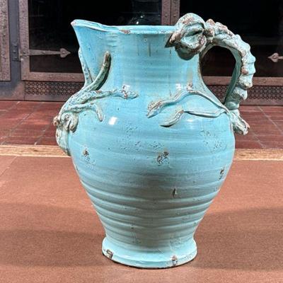 (1PC) IMPRESSIVE ITALIAN CRUSTACEAN THEMED PITCHER, FORTUNATA | Caribbean blue glaze, mounted with a lobster form handle and a decorative...