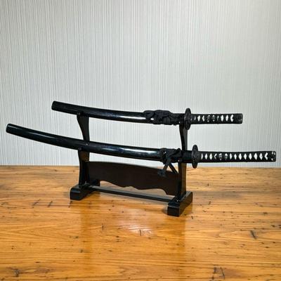 (2PC) PAIR OF REPLICA SAMURAI SWORDS | Pair of replica samurai swords on stand. - l. 41 x w. 6 x h. 14 in

