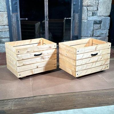 (2PC) PAIR WOODEN STORAGE BINS | Large wood plank storage containers on casters with iron handles. - l. 30 x w. 21 x h. 22 in

